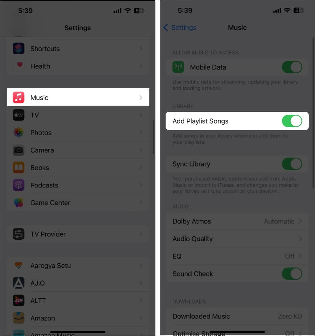 Access music and toggle on allow playlist songs on settings app