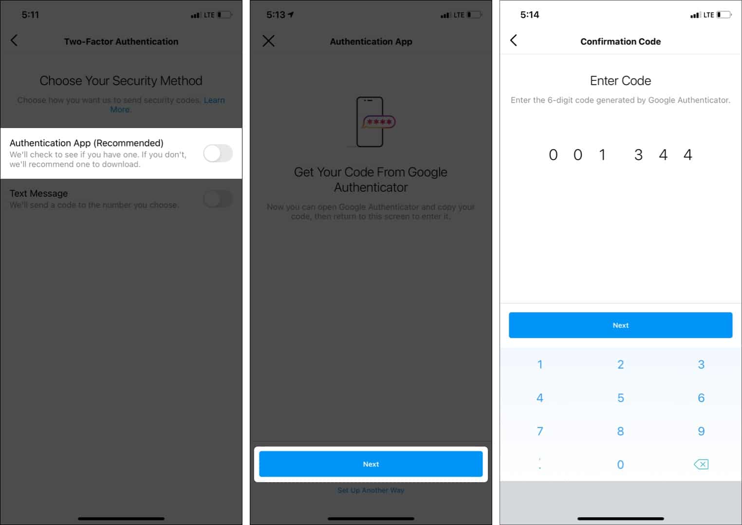 Choose Authentication app and proceed to enable Instagram two-factor authentication