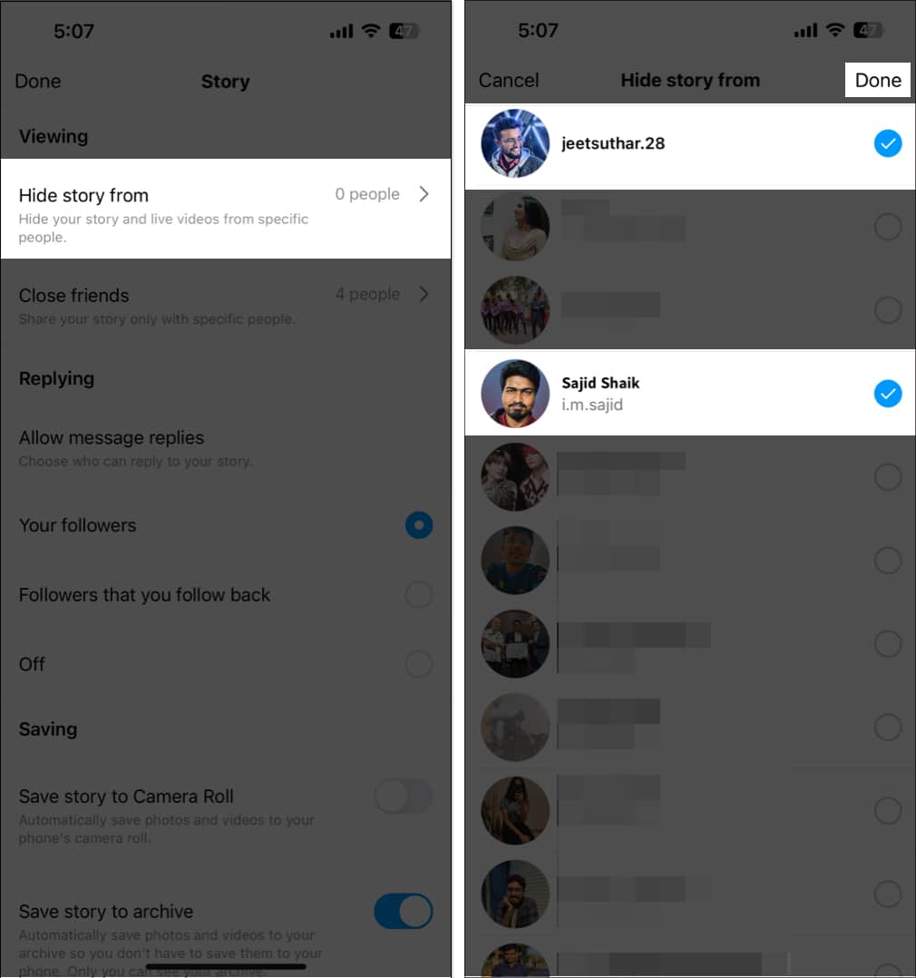 Choose Hide Story and live from, select the users you want to hide your stories from, and press Done (1)