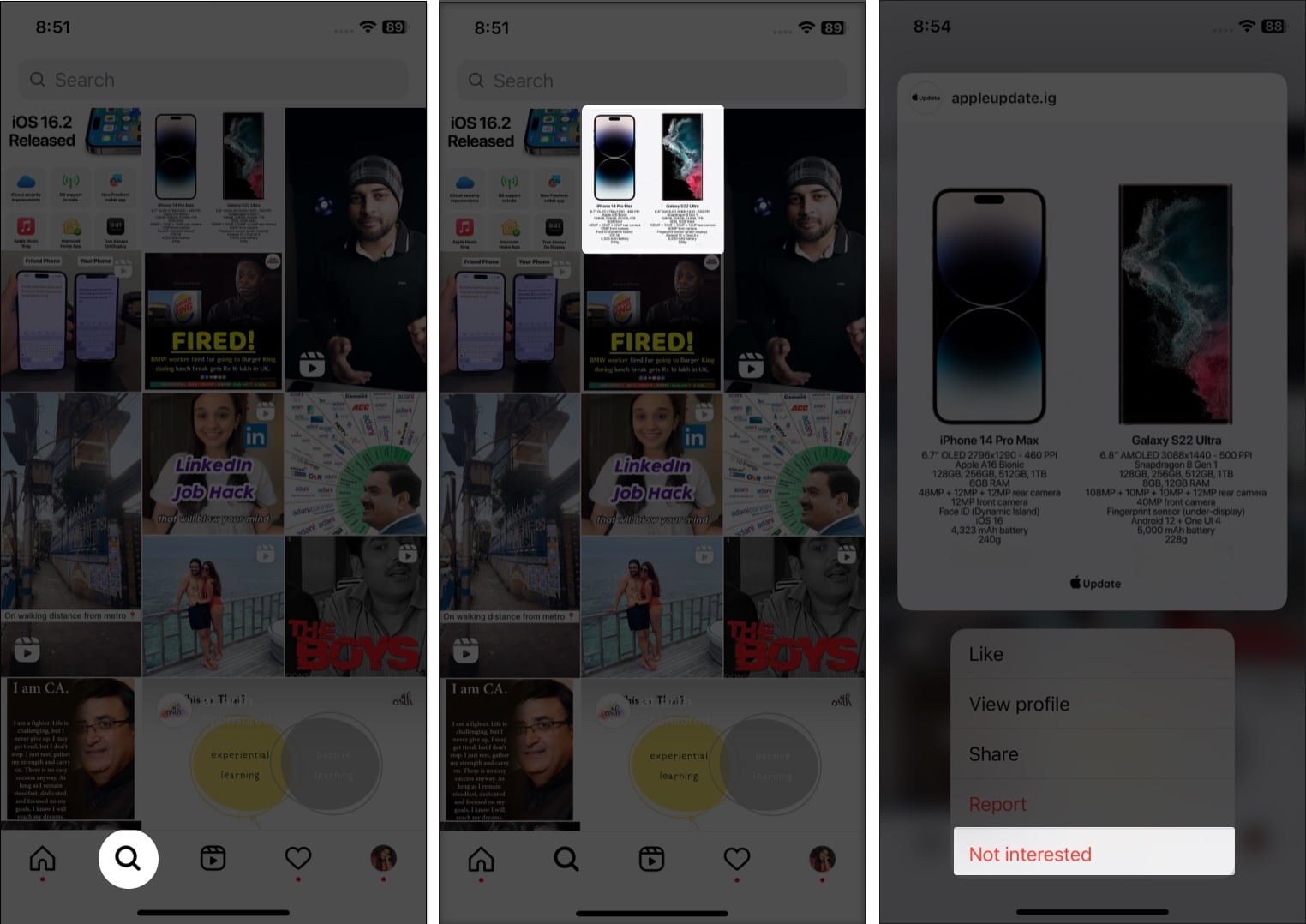 Choose what you like to see to reset the Instagram Explore page