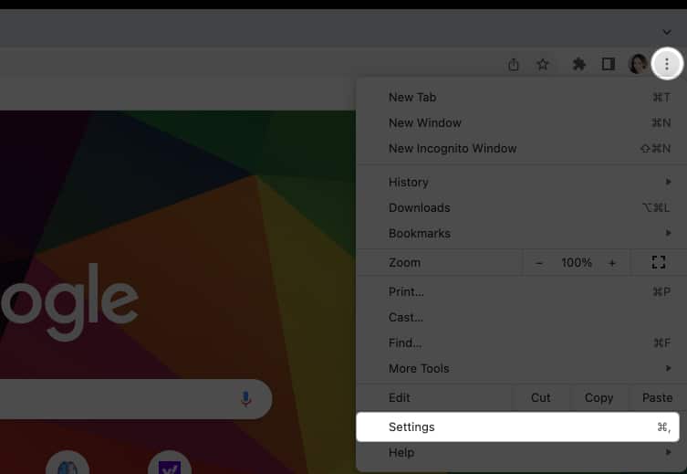 Click Chrome on the menu bar, Choose Settings