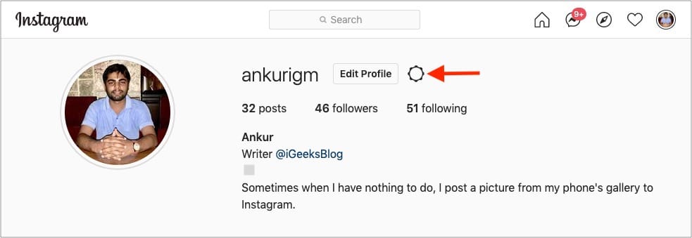 Click gear icon next to Edit Profile on Instagram web