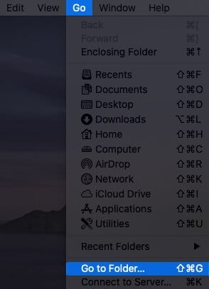 Click on Go and Select Go to Folder in Finder Menu on Mac