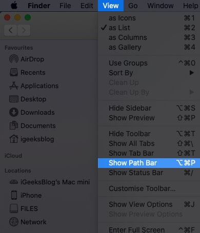 Click on View from Menu Bar and Select Show Path Bar on Mac