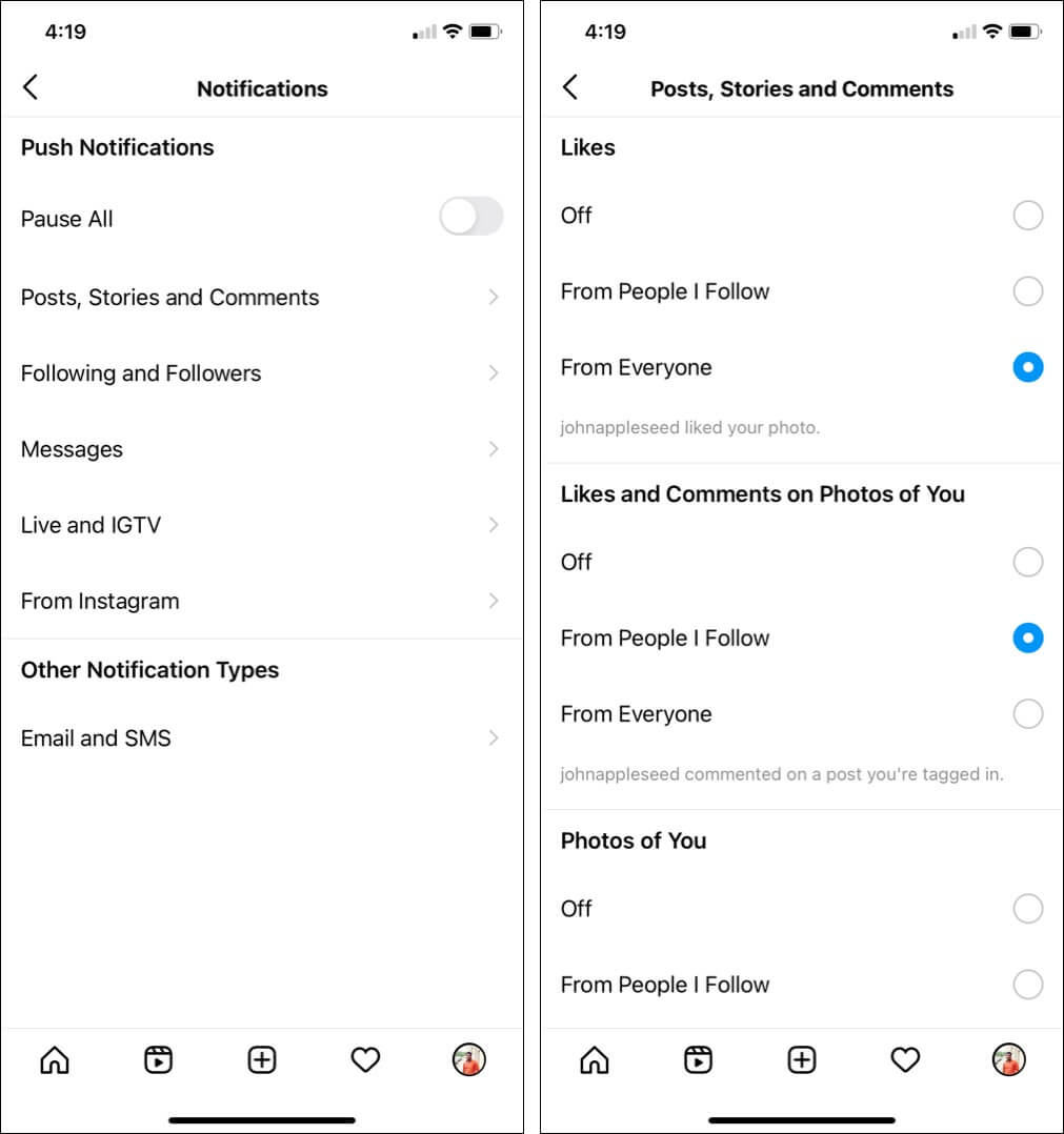 Ensure Pause All is not enabled and choose desired Instagram notification settings