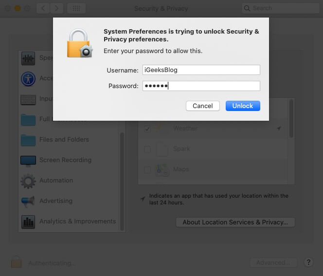 Enter Mac Password and Click on Unlock