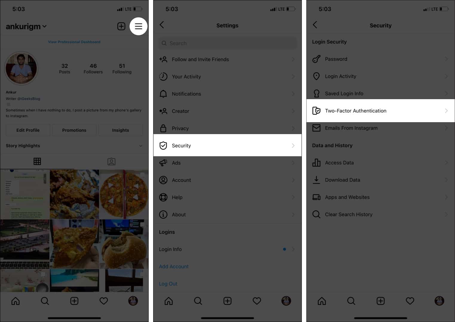 From Instagram profile tap menu Settings Security Two-factor authentication