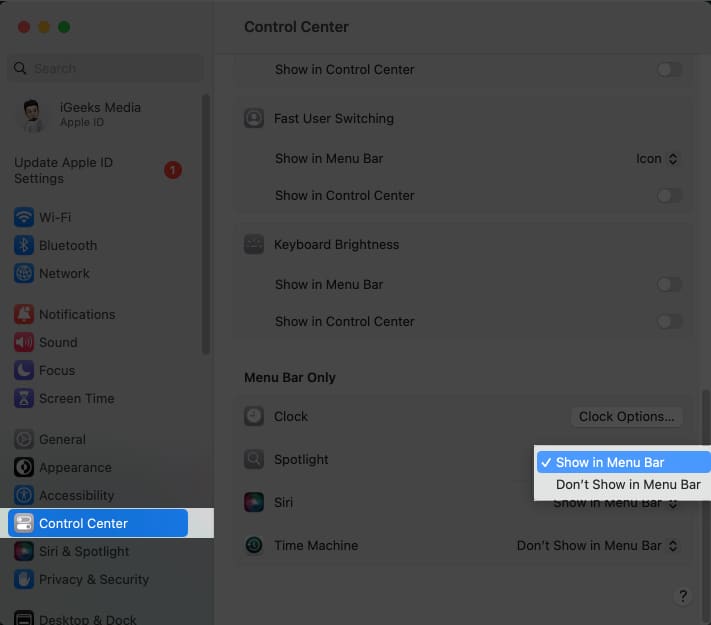 Head to Control Center, click the drop-down next to items under Menu Bar only, and select Show in Menu Bar or Don't Show in Menu Bar