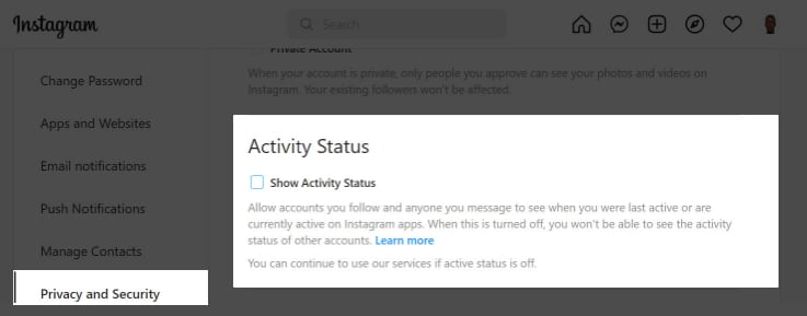 How to turn off active status on Instagram via browser