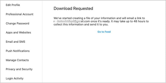 Instagram data download requested to recover messages