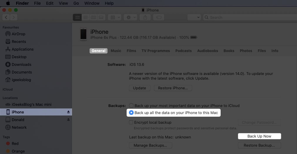 Now Connect your iPhone with Mac and Click on Back Up Now Button