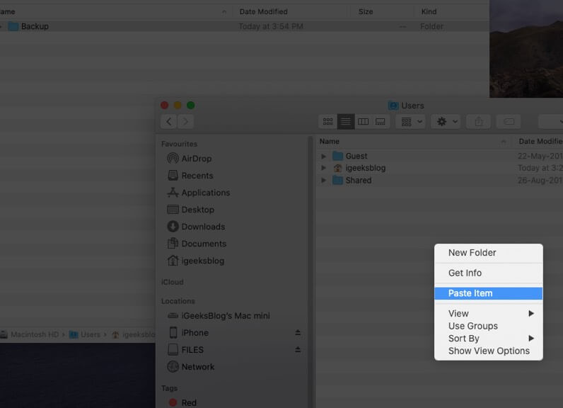 Open New Finder Right Click in Selected Location and Choose Paste Item