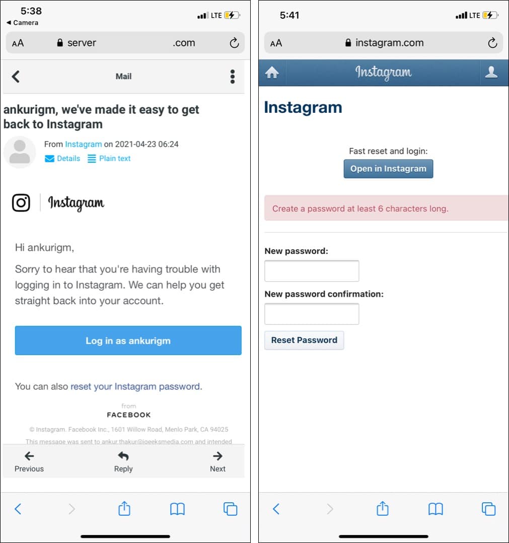 Open your email and tap log in to Instagram or reset your Instagram password
