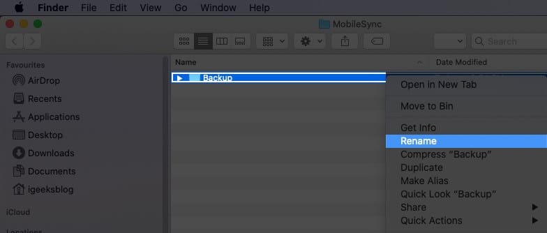 Right Click on Backup and Select Rename in Finder on Mac