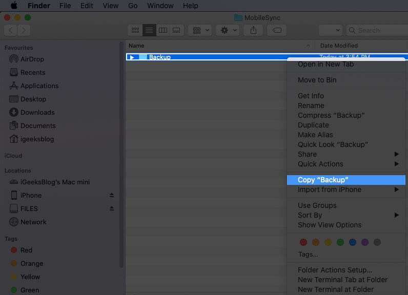 Right Click on Backup and then Select Copy Backup in Mac Finder