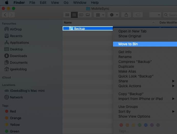Right Click on Backup Folder and Select Move to Bin on Mac