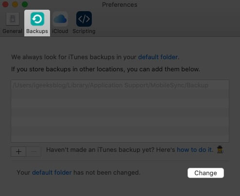 Select Backups tap and Click on Change in iPhone Backup Extractor Preferences on Mac