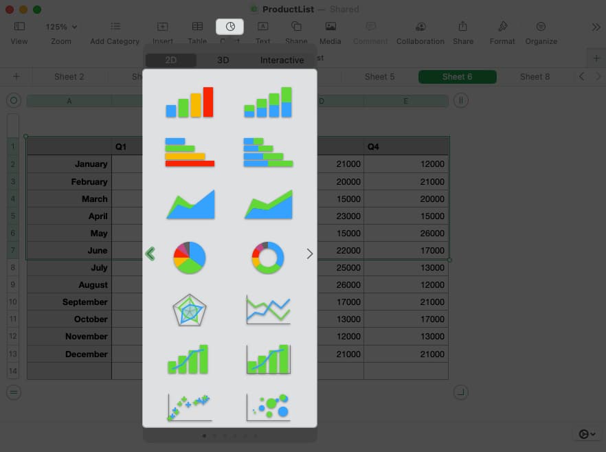 Select charts, and choose a theme of your preference in numbers