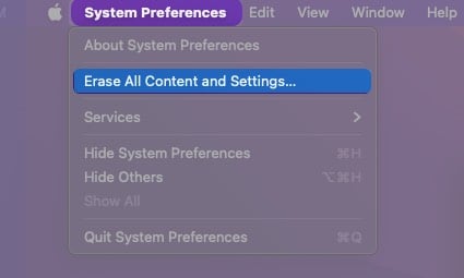 Select Erase all Content and Settings on Mac