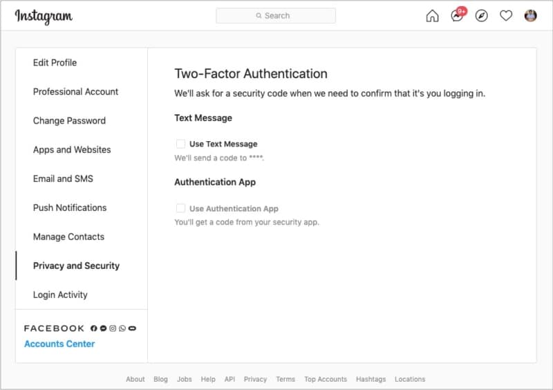 Set Instagram two-factor authentication via computer