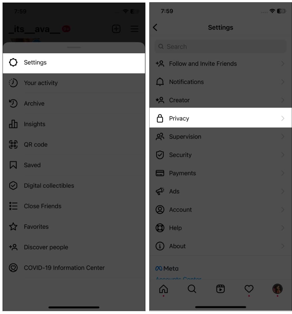 Tap on Settings and Privacy in Instagram on iPhone