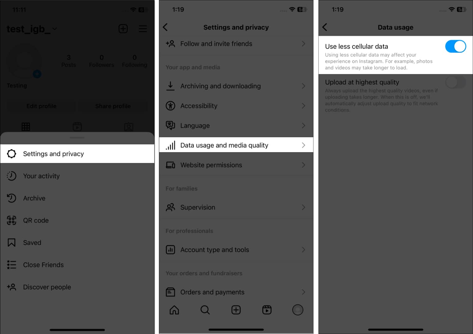 Tap settings and privacy, Data usage and media quality, Use less cellular data instagram