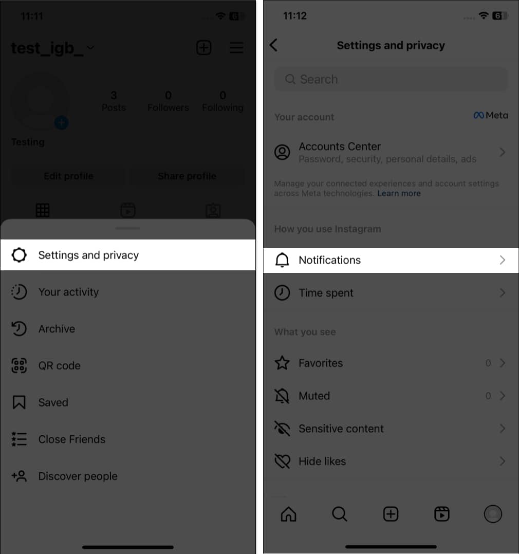 Tap settings and privacy, Notification in instagram