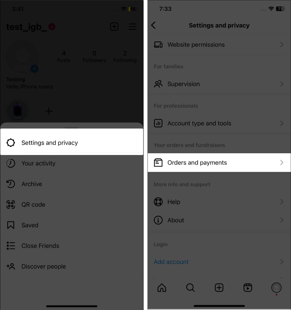 Tap settings and privacy, orders and payments in instagram