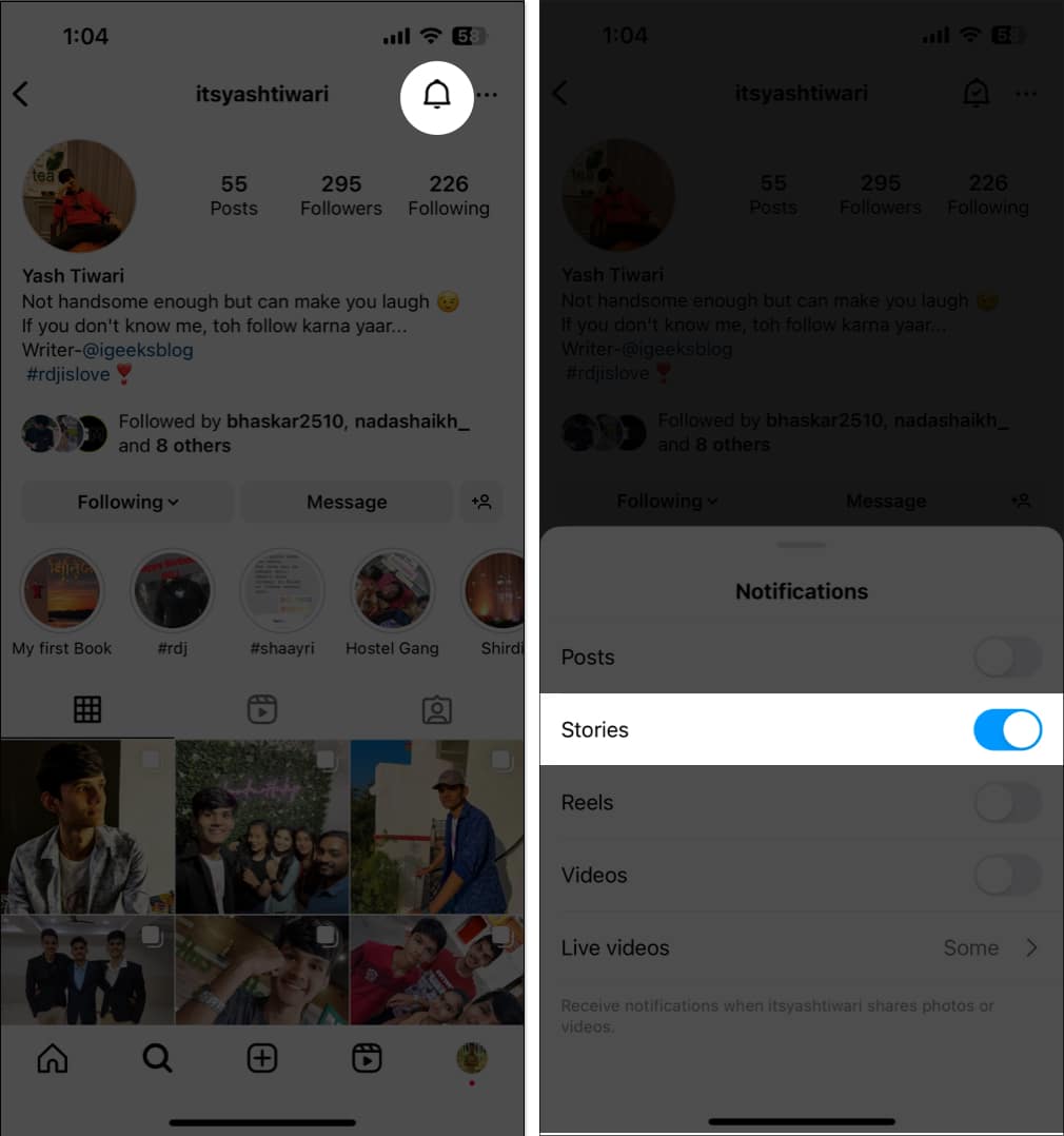 Tap the bell icon, toggle on stories in instagram