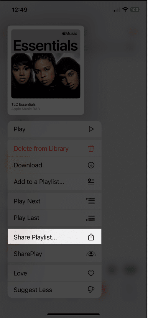 Tap the share playlist option