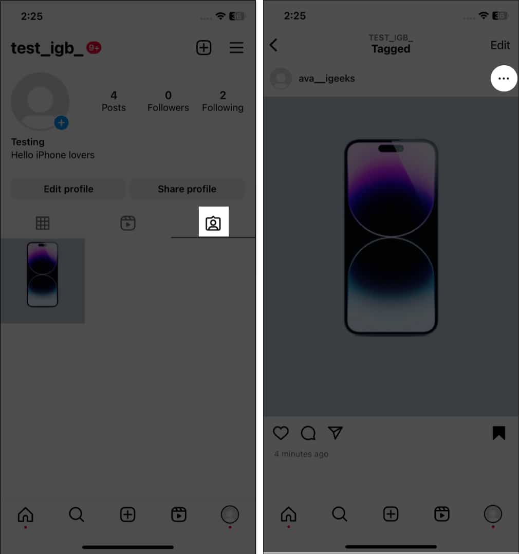 Tap the tagged icon, select the post and tap three-dot icon