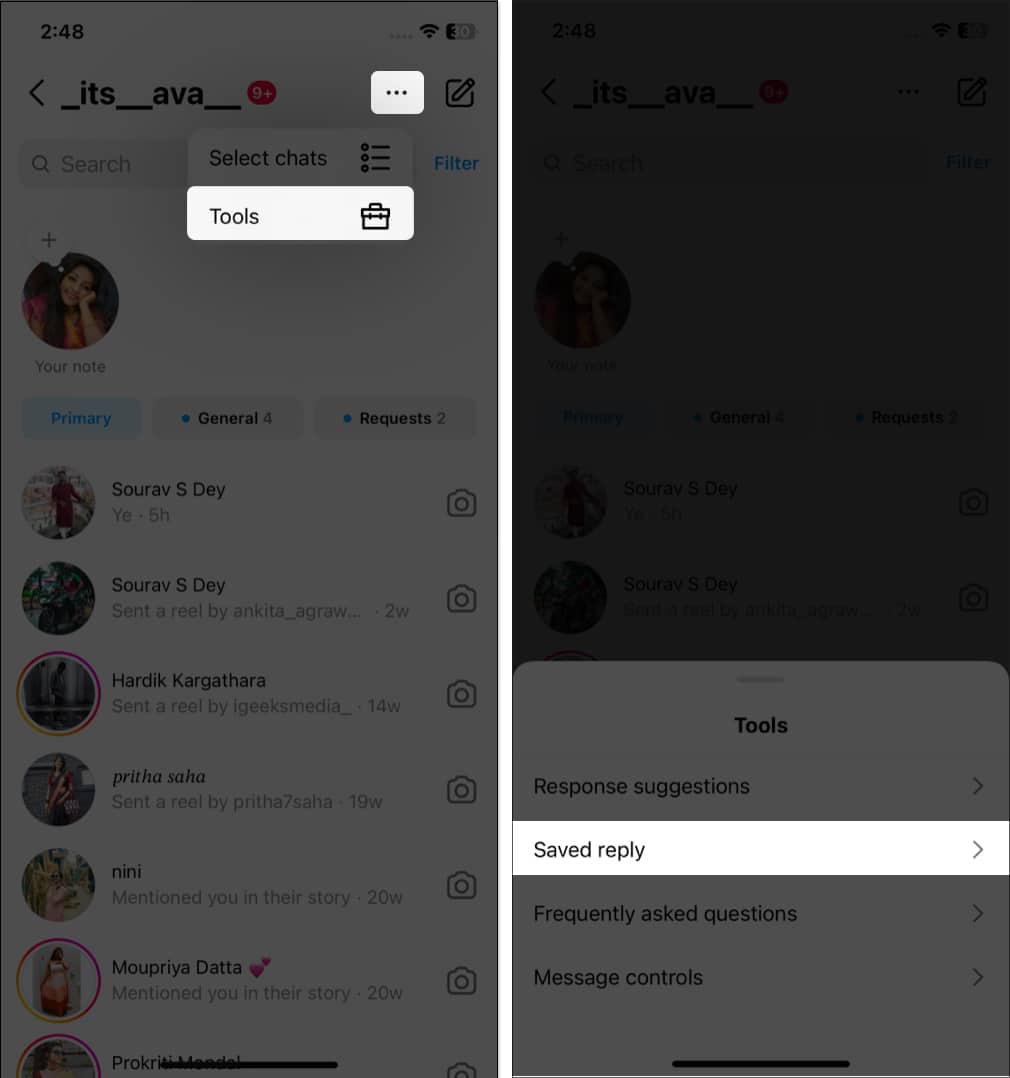 Tap the three-dot icon, tools, saved reply on instagram